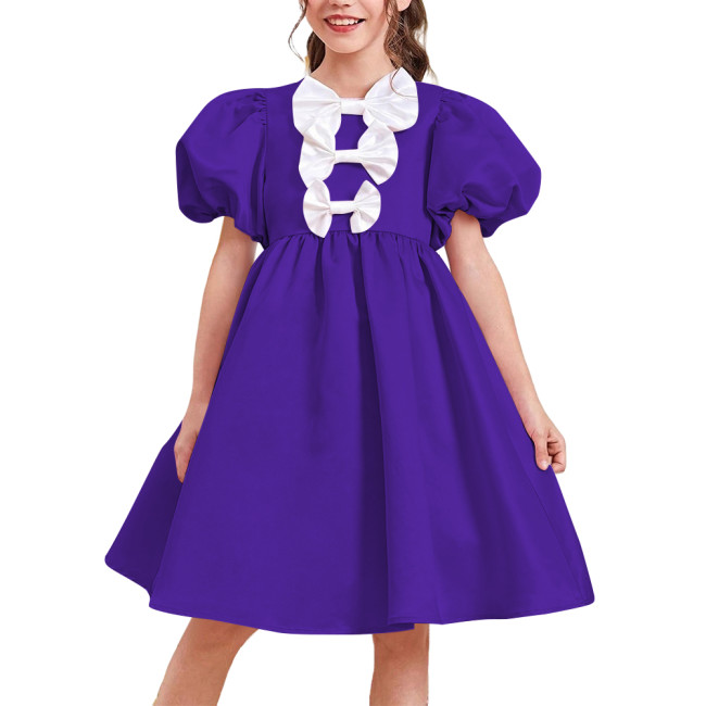Women Satin Sweet Party Short Dresses Elegant Chic Bow Short Puff Sleeve High Waist A-Line Dress Cosplay Princess Prom Dress