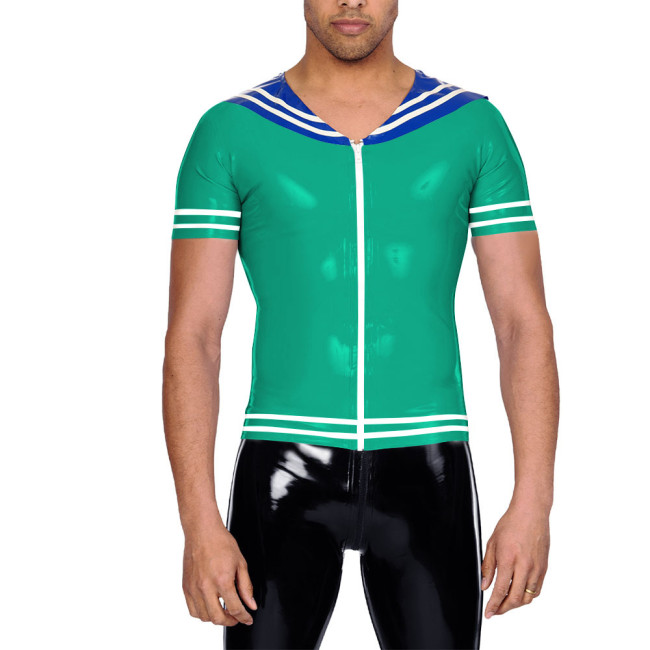 Vinyl Leather PVC Mens T Shirt Patchwork Short Sleeve Navy Collar Male Tee Tops Zipper Front Cosplay Blouses Wet Look Clubwear
