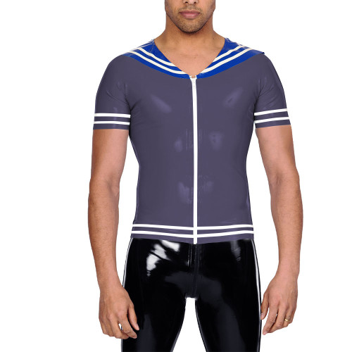 Vinyl Leather PVC Mens T Shirt Patchwork Short Sleeve Navy Collar Male Tee Tops Zipper Front Cosplay Blouses Wet Look Clubwear