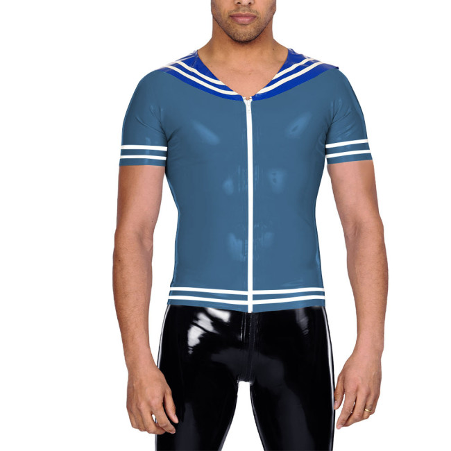 Vinyl Leather PVC Mens T Shirt Patchwork Short Sleeve Navy Collar Male Tee Tops Zipper Front Cosplay Blouses Wet Look Clubwear