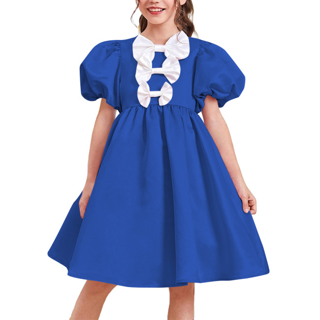 Women Satin Sweet Party Short Dresses Elegant Chic Bow Short Puff Sleeve High Waist A-Line Dress Cosplay Princess Prom Dress