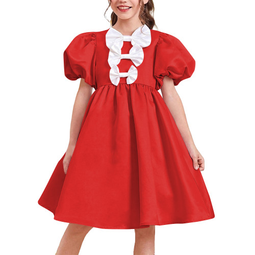 Women Satin Sweet Party Short Dresses Elegant Chic Bow Short Puff Sleeve High Waist A-Line Dress Cosplay Princess Prom Dress