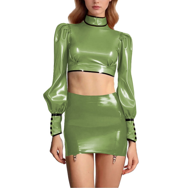 Sexy Women Wet Look PU Leather Dress Sets Shiny Club Short Skirts Outfit Long Sleeve Cropped Top Mini Skirt with Garter Belt 7XL