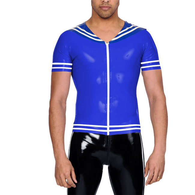 Vinyl Leather PVC Mens T Shirt Patchwork Short Sleeve Navy Collar Male Tee Tops Zipper Front Cosplay Blouses Wet Look Clubwear