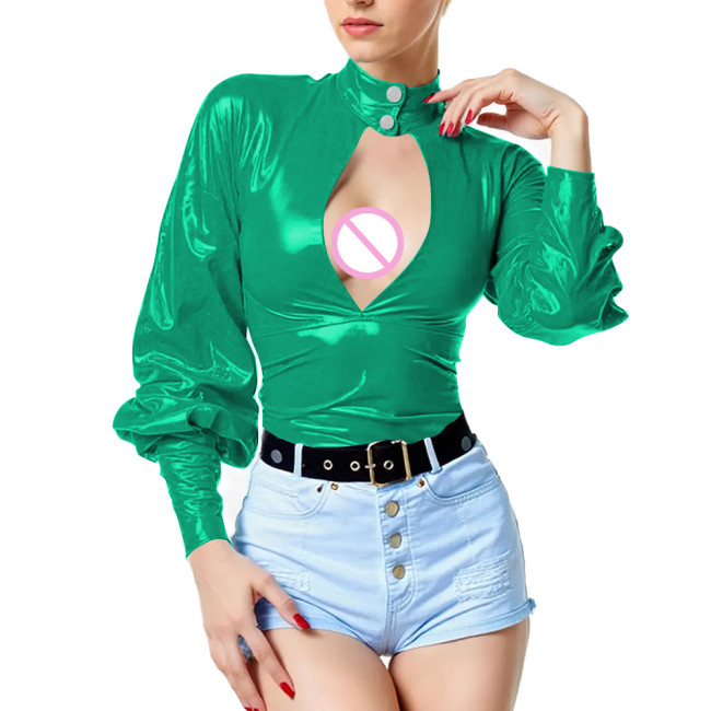 Sexy Vinyl PVC Leather Blouse Women Elegant High Neck Puff Sleeve Open Back Slim Shirt Tops Keyhole Front Female Party Blouses