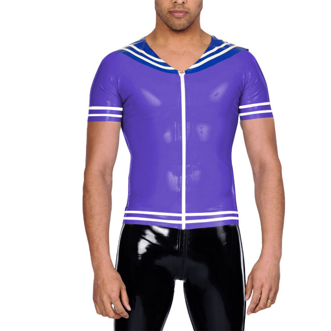 Vinyl Leather PVC Mens T Shirt Patchwork Short Sleeve Navy Collar Male Tee Tops Zipper Front Cosplay Blouses Wet Look Clubwear