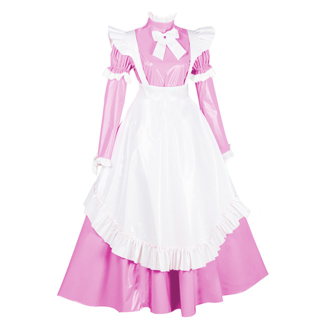 Lolita PVC French Maid Party Dresses Sissy Ruffles Long Sleeve Bow Maxi Dress Carnival Party Masquerade Cosplay Maid Uniforms