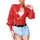 Sexy Vinyl PVC Leather Blouse Women Elegant High Neck Puff Sleeve Open Back Slim Shirt Tops Keyhole Front Female Party Blouses