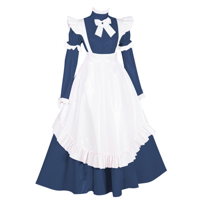 Lolita PVC French Maid Party Dresses Sissy Ruffles Long Sleeve Bow Maxi Dress Carnival Party Masquerade Cosplay Maid Uniforms