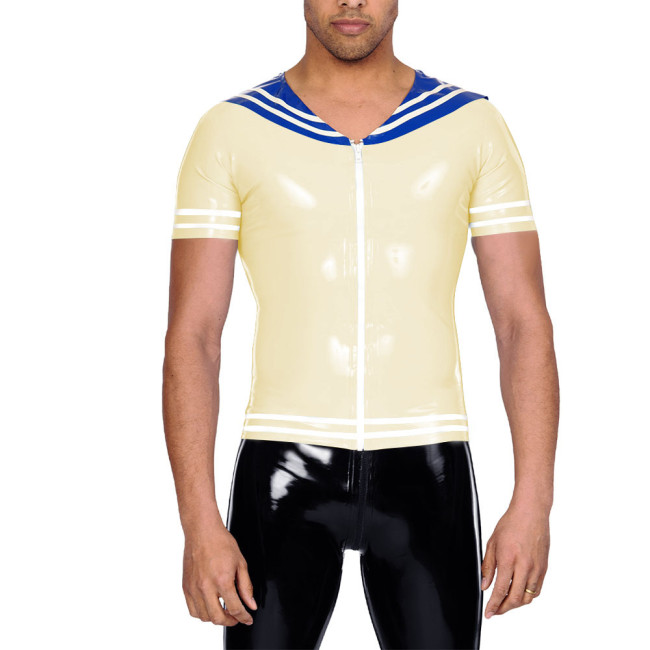 Vinyl Leather PVC Mens T Shirt Patchwork Short Sleeve Navy Collar Male Tee Tops Zipper Front Cosplay Blouses Wet Look Clubwear