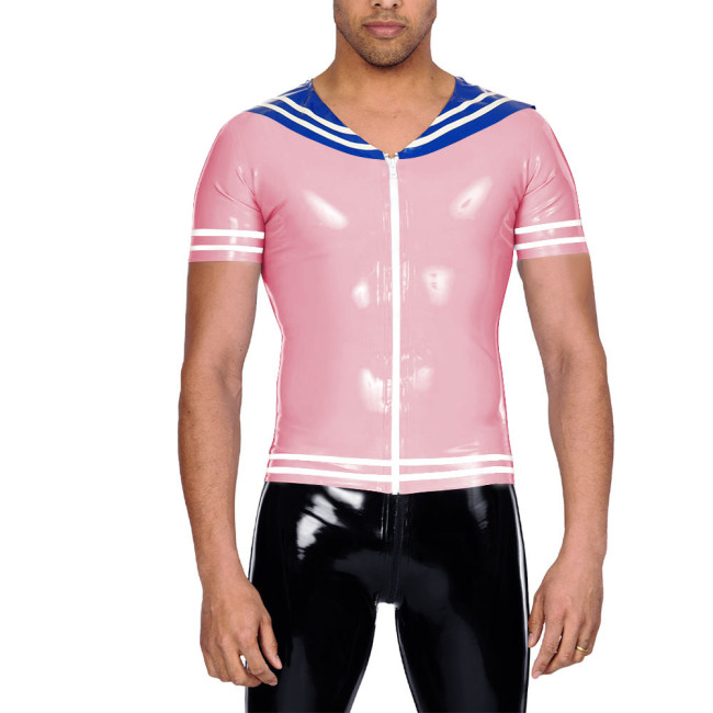 Vinyl Leather PVC Mens T Shirt Patchwork Short Sleeve Navy Collar Male Tee Tops Zipper Front Cosplay Blouses Wet Look Clubwear