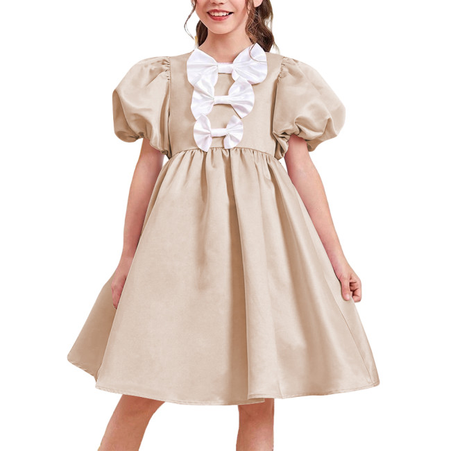 Women Satin Sweet Party Short Dresses Elegant Chic Bow Short Puff Sleeve High Waist A-Line Dress Cosplay Princess Prom Dress