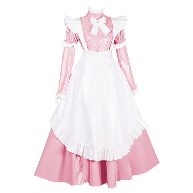 Lolita PVC French Maid Party Dresses Sissy Ruffles Long Sleeve Bow Maxi Dress Carnival Party Masquerade Cosplay Maid Uniforms