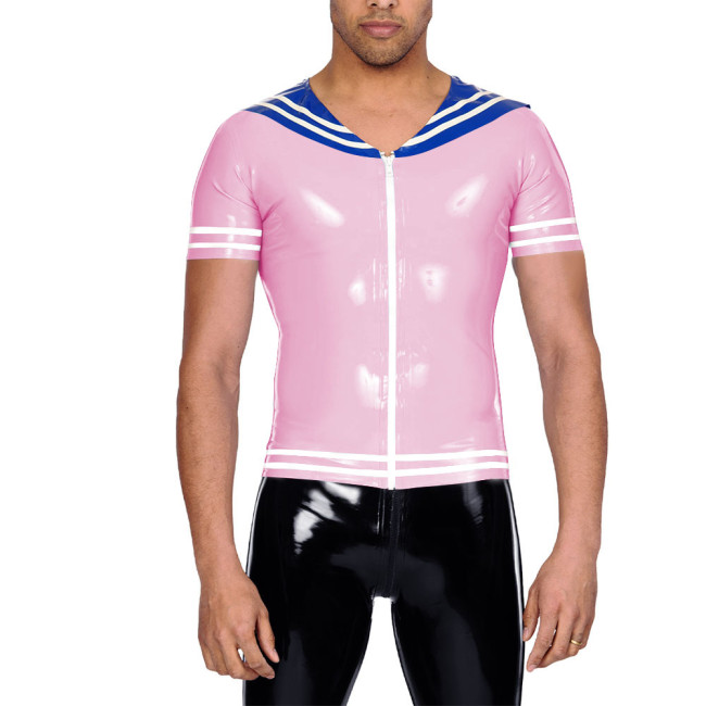 Vinyl Leather PVC Mens T Shirt Patchwork Short Sleeve Navy Collar Male Tee Tops Zipper Front Cosplay Blouses Wet Look Clubwear