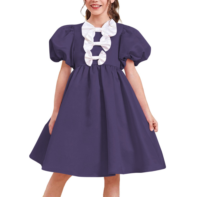 Women Satin Sweet Party Short Dresses Elegant Chic Bow Short Puff Sleeve High Waist A-Line Dress Cosplay Princess Prom Dress