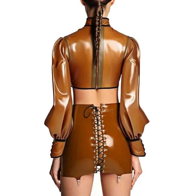 Sexy Women Wet Look PU Leather Dress Sets Shiny Club Short Skirts Outfit Long Sleeve Cropped Top Mini Skirt with Garter Belt 7XL