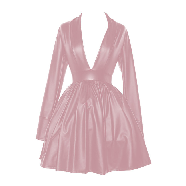 Plus Size Elegant Party Long Sleeve Dress Women's Sexy Deep V Neck Swing High Waist Dresses Pleated PU Matte Leather Vestidos
