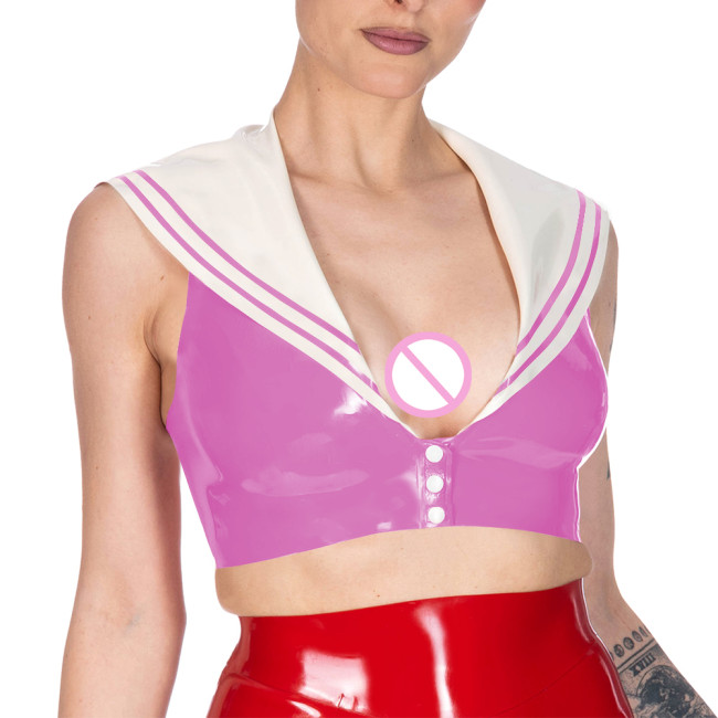 Sexy Cosplay Sailor Collar Sleeveless Short T-shirt Women Slim Patchwork Button-up V-neck Cropped Tops Female Chic Tank Top