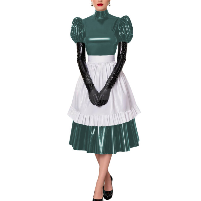 Fetish Cross-Dresser French Maid Uniforms Vinyl PVC Leather Maid Cosplay Costume Lolita Puff Short Sleeve Midi Maid Dress Outfit