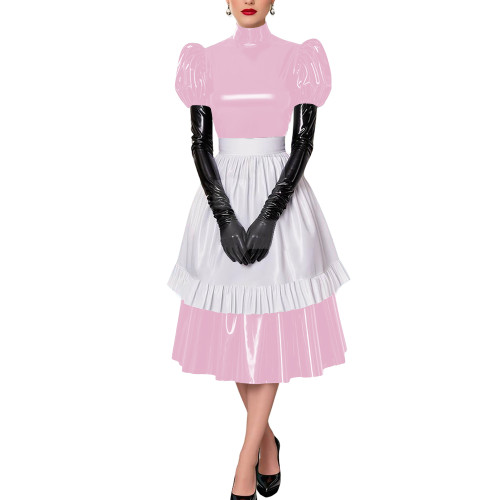 Fetish Cross-Dresser French Maid Uniforms Vinyl PVC Leather Maid Cosplay Costume Lolita Puff Short Sleeve Midi Maid Dress Outfit