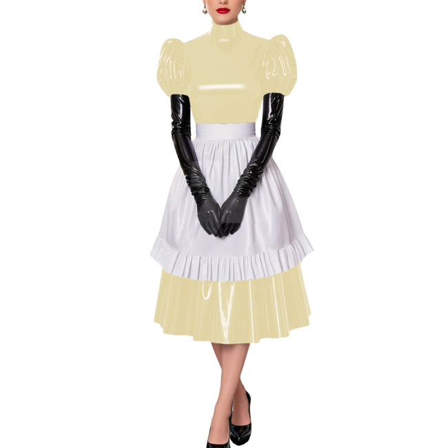 Fetish Cross-Dresser French Maid Uniforms Vinyl PVC Leather Maid Cosplay Costume Lolita Puff Short Sleeve Midi Maid Dress Outfit
