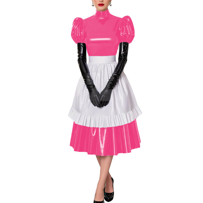 Fetish Cross-Dresser French Maid Uniforms Vinyl PVC Leather Maid Cosplay Costume Lolita Puff Short Sleeve Midi Maid Dress Outfit