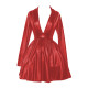 Plus Size Elegant Party Long Sleeve Dress Women's Sexy Deep V Neck Swing High Waist Dresses Pleated PU Matte Leather Vestidos