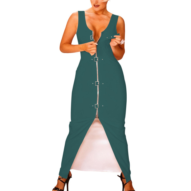 Women Zipper Front Shiny Bodycon Dress Rave Party Clubwear Sexy Sleeveless Vinyl PVC Leather Tank Dress Buckle Nightclub Dresses