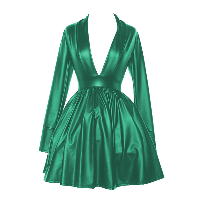 Plus Size Elegant Party Long Sleeve Dress Women's Sexy Deep V Neck Swing High Waist Dresses Pleated PU Matte Leather Vestidos