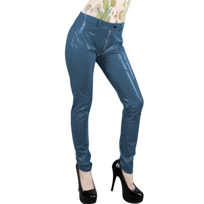Fetish Wet PVC Leather Pencil Pants for Womens Fashion Zipper Stretch Glossy Leather Tight Legging Ladies High Street Trousers