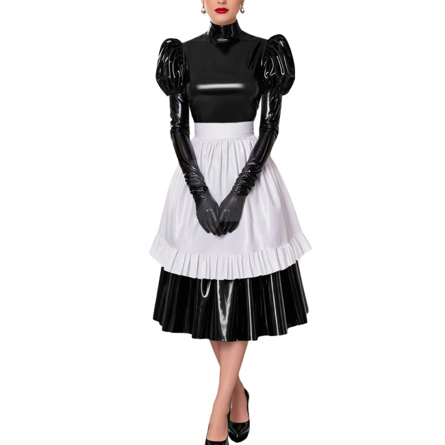 Fetish Cross-Dresser French Maid Uniforms Vinyl PVC Leather Maid Cosplay Costume Lolita Puff Short Sleeve Midi Maid Dress Outfit