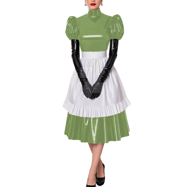 Fetish Cross-Dresser French Maid Uniforms Vinyl PVC Leather Maid Cosplay Costume Lolita Puff Short Sleeve Midi Maid Dress Outfit