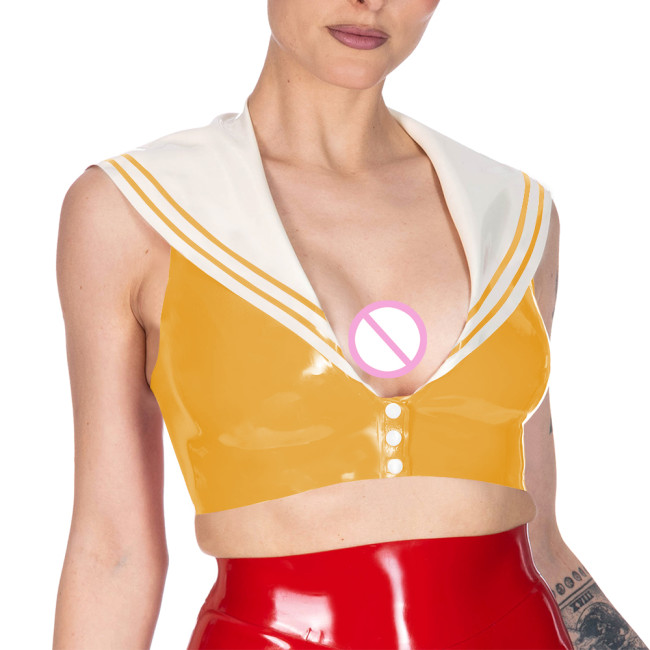 Sexy Cosplay Sailor Collar Sleeveless Short T-shirt Women Slim Patchwork Button-up V-neck Cropped Tops Female Chic Tank Top