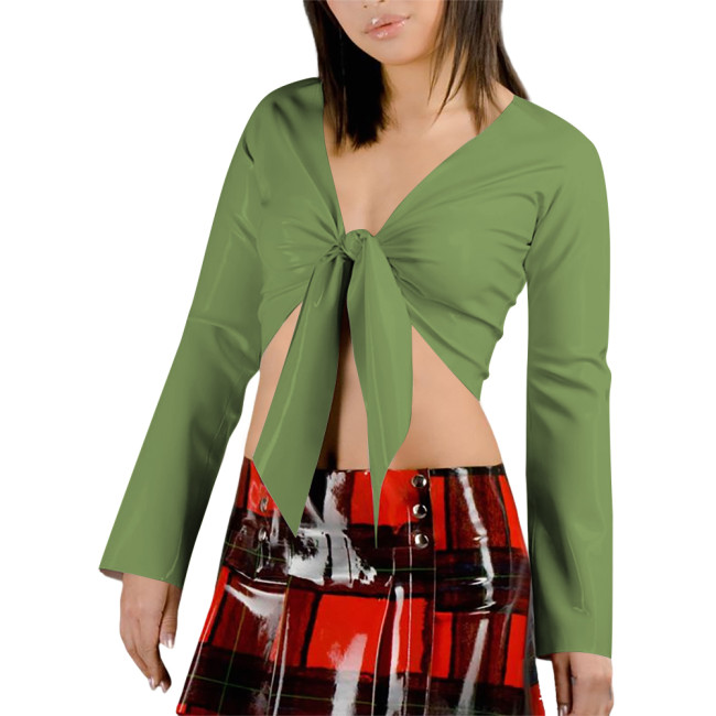 Wetlook Womens Blouse Vinyl PVC Leather V-Neck Tie-Waist Blouse Tee Shirts Long Sleeves Sexy Cropped T-shirts Vintage Casual Top