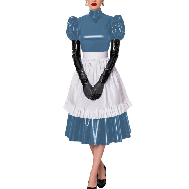 Fetish Cross-Dresser French Maid Uniforms Vinyl PVC Leather Maid Cosplay Costume Lolita Puff Short Sleeve Midi Maid Dress Outfit