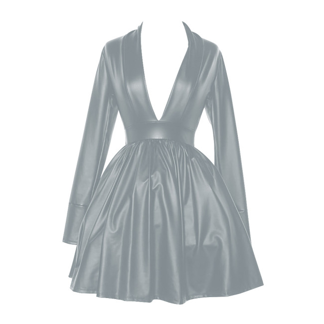Plus Size Elegant Party Long Sleeve Dress Women's Sexy Deep V Neck Swing High Waist Dresses Pleated PU Matte Leather Vestidos