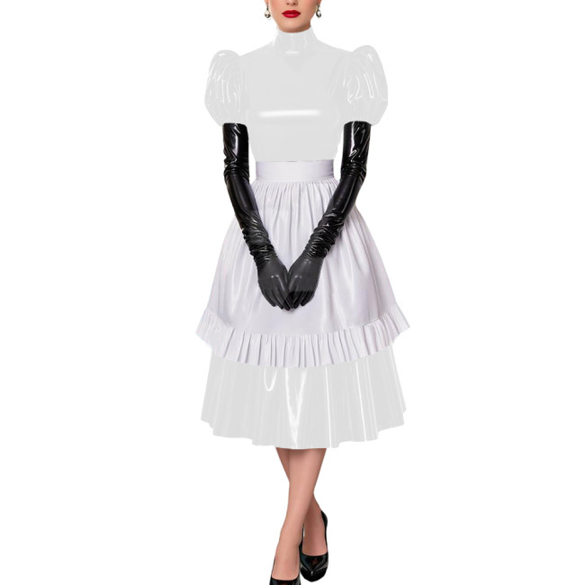 Fetish Cross-Dresser French Maid Uniforms Vinyl PVC Leather Maid Cosplay Costume Lolita Puff Short Sleeve Midi Maid Dress Outfit