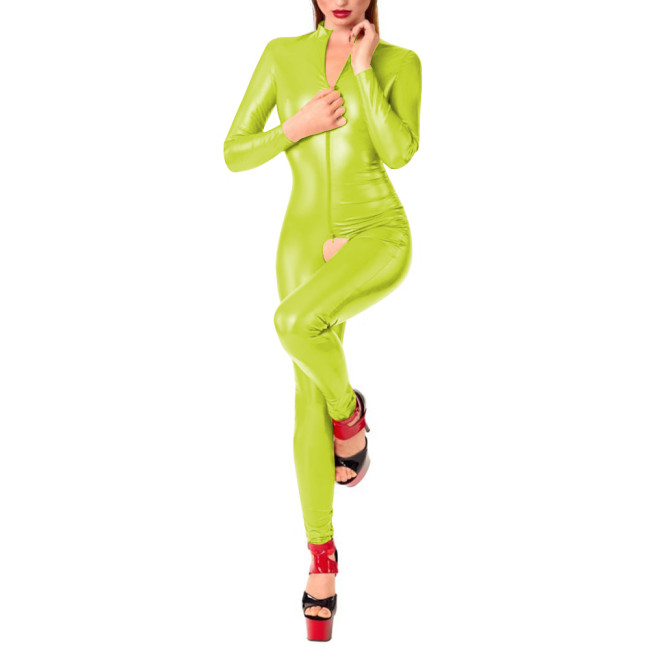 Sexy PU Matte Leather Crotchless Romper Bodysuit Women Exotic Open Crotch Slim Fit Jumpsuit Zipper Long Sleeves Catsuit Clubwear