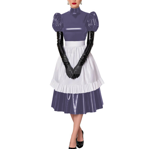 Fetish Cross-Dresser French Maid Uniforms Vinyl PVC Leather Maid Cosplay Costume Lolita Puff Short Sleeve Midi Maid Dress Outfit