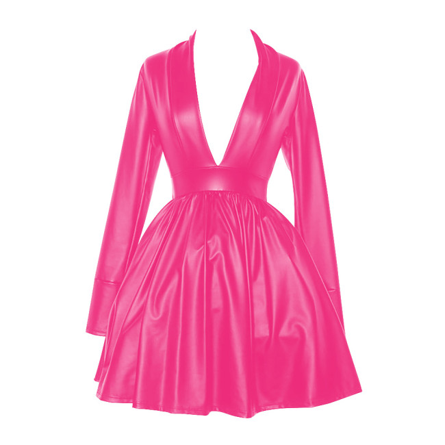 Plus Size Elegant Party Long Sleeve Dress Women's Sexy Deep V Neck Swing High Waist Dresses Pleated PU Matte Leather Vestidos