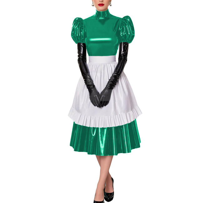 Fetish Cross-Dresser French Maid Uniforms Vinyl PVC Leather Maid Cosplay Costume Lolita Puff Short Sleeve Midi Maid Dress Outfit