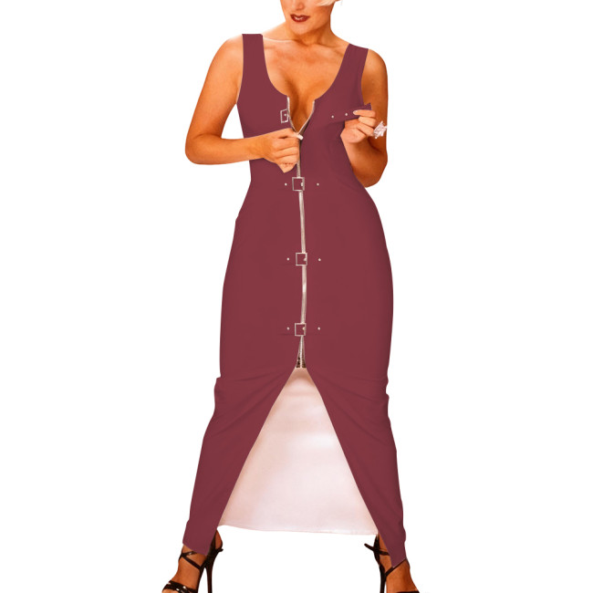 Women Zipper Front Shiny Bodycon Dress Rave Party Clubwear Sexy Sleeveless Vinyl PVC Leather Tank Dress Buckle Nightclub Dresses
