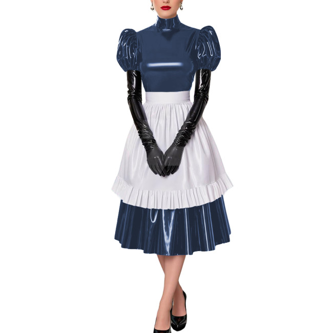 Fetish Cross-Dresser French Maid Uniforms Vinyl PVC Leather Maid Cosplay Costume Lolita Puff Short Sleeve Midi Maid Dress Outfit