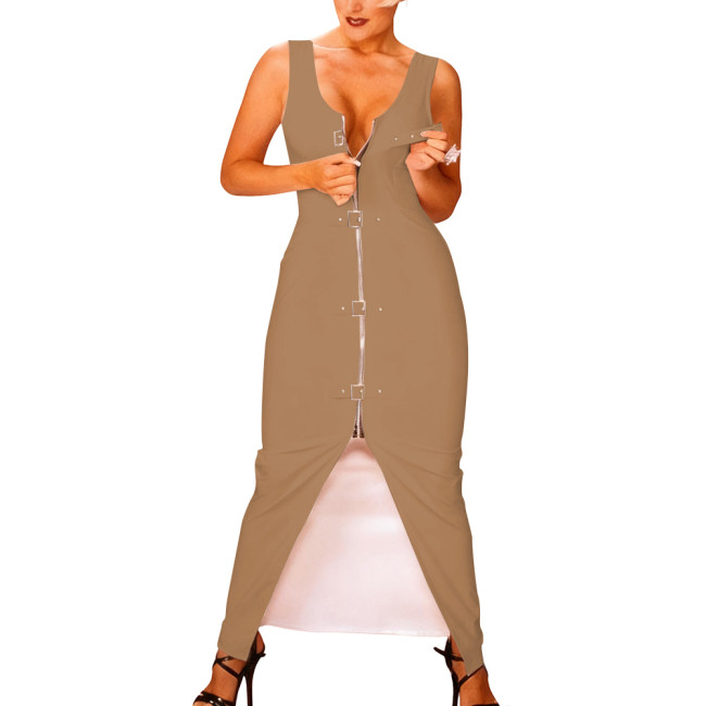 Women Zipper Front Shiny Bodycon Dress Rave Party Clubwear Sexy Sleeveless Vinyl PVC Leather Tank Dress Buckle Nightclub Dresses