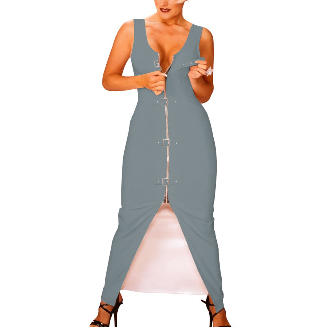 Women Zipper Front Shiny Bodycon Dress Rave Party Clubwear Sexy Sleeveless Vinyl PVC Leather Tank Dress Buckle Nightclub Dresses