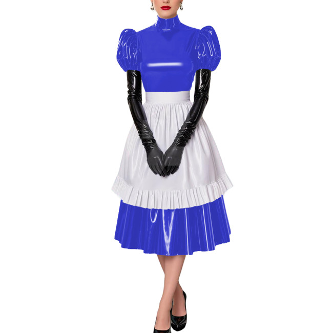 Fetish Cross-Dresser French Maid Uniforms Vinyl PVC Leather Maid Cosplay Costume Lolita Puff Short Sleeve Midi Maid Dress Outfit