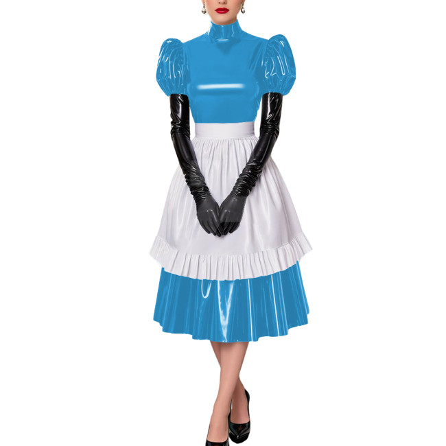 Fetish Cross-Dresser French Maid Uniforms Vinyl PVC Leather Maid Cosplay Costume Lolita Puff Short Sleeve Midi Maid Dress Outfit