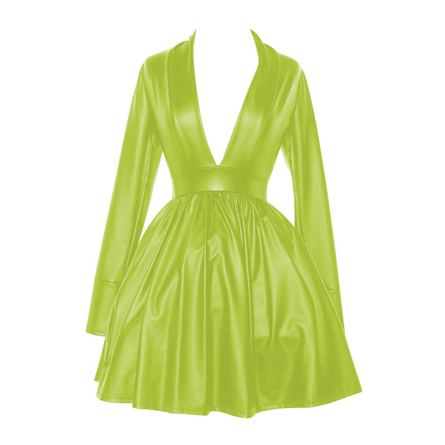 Plus Size Elegant Party Long Sleeve Dress Women's Sexy Deep V Neck Swing High Waist Dresses Pleated PU Matte Leather Vestidos