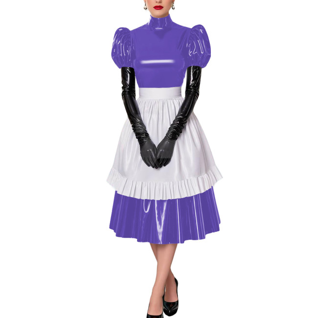 Fetish Cross-Dresser French Maid Uniforms Vinyl PVC Leather Maid Cosplay Costume Lolita Puff Short Sleeve Midi Maid Dress Outfit