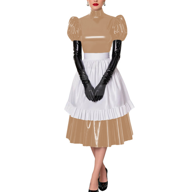 Fetish Cross-Dresser French Maid Uniforms Vinyl PVC Leather Maid Cosplay Costume Lolita Puff Short Sleeve Midi Maid Dress Outfit